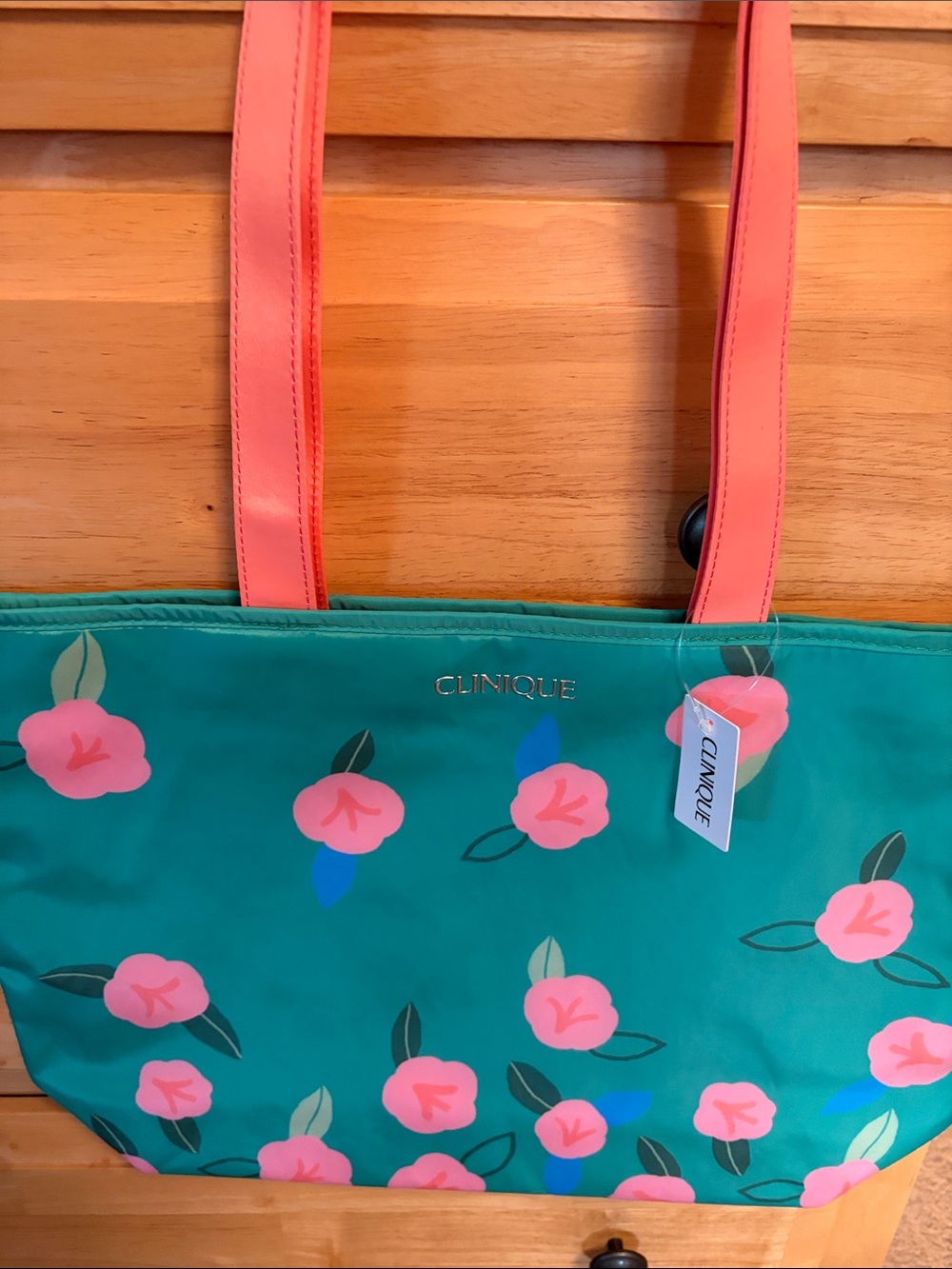 Clinique Green Floral Tote with Pink Handles